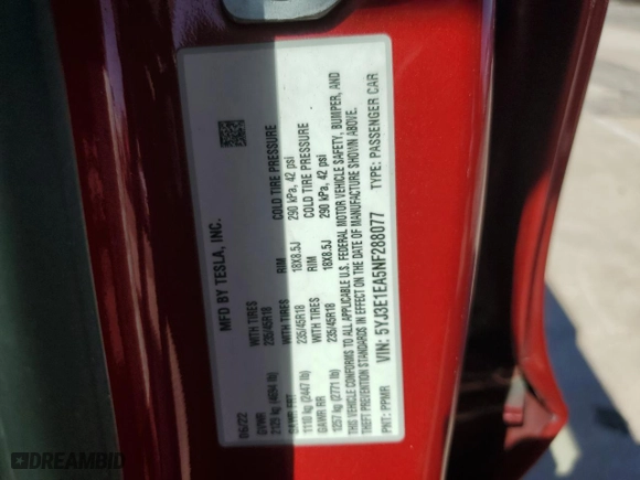 2022 Tesla Model 3 with VIN 5YJ3E1EA5NF288077, listed as a Copart auction lot 52213325 with 0 mi miles and Clean Title. Bid and sale history available at carsss.com. Image 12.