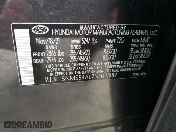 2022 Hyundai Santa Fe Calligraphy with VIN 5NMS54AL7NH411882, listed as a Copart auction lot 85876934 with 52,978 mi miles and Salvage Title. Bid and sale history available at carsss.com. Image 14.