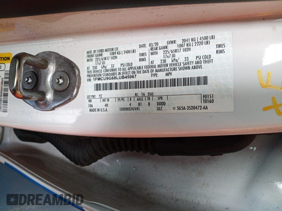 2020 Ford Escape SE z VIN 1FMCU9G68LUB45067, wystawiony jako IAAI lot #42575848 z przebiegiem 68 313 mil mil oraz . Historia ofert i sprzedaży dostępna na DreamBid. Obrazek 6.