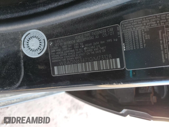 2001 BMW 5 Series 540iA with VIN WBADN63471GM73128, listed as a Copart auction lot 89194105 with 186,728 mi miles and Salvage Title. Bid and sale history available at carsss.com. Image 13.