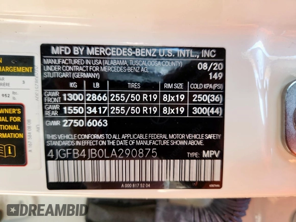 2020 Mercedes-Benz GLE 350 with VIN 4JGFB4JB0LA290875, listed as a Copart auction lot 60895875 with 54,129 mi miles and Salvage title. Bid and sale history available at DreamBid. Image 14.