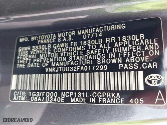 2015 Toyota Yaris L with VIN VNKJTUD32FA017299, listed as a IAAI auction lot 41862473 with 106,108 mi miles. Bid and sale history available at carsss.com. Image 9.