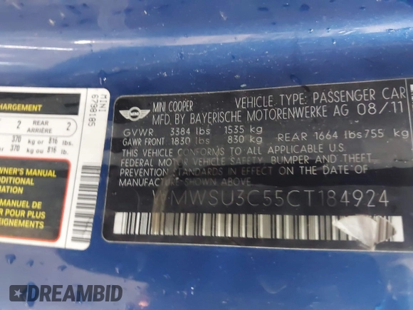 2012 MINI Hardtop with VIN WMWSU3C55CT184924, listed as a IAAI auction lot 42276347 with 92,468 mi miles and . Bid and sale history available at DreamBid. Image 9.