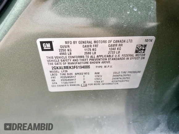 2015 GMC Terrain SLE with VIN 2GKALMEK3F6194086, listed as a Copart auction lot 61577505 with 83,885 mi miles and Salvage title. Bid and sale history available at DreamBid. Image 13.