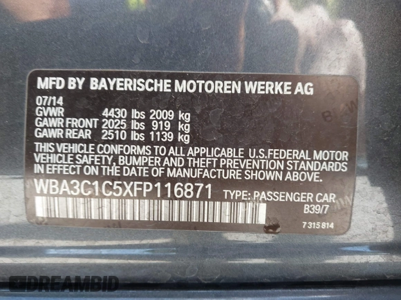 2015 BMW 3 Series 328i with VIN WBA3C1C5XFP116871, listed as a IAAI auction lot 41977362 with 205,772 mi miles and . Bid and sale history available at carsss.com. Image 9.