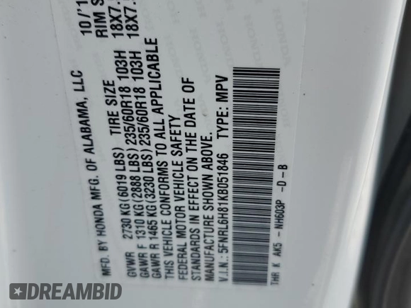 2019 Honda Odyssey Touring with VIN 5FNRL6H81KB051846, listed as a Copart auction lot 58723015 with 68,142 mi miles and Salvage title. Bid and sale history available at DreamBid. Image 13.