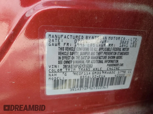 2016 Nissan Sentra SV with VIN 3N1AB7AP9GY310363, listed as a Copart auction lot 48677115 with 143,395 mi miles and Salvage Title. Bid and sale history available at DreamBid. Image 15.