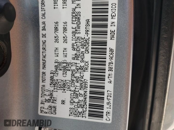 2022 Toyota Tacoma SR with VIN 3TMCZ5AN4NM470997, listed as a Copart auction lot 55165855 with 67,161 mi miles and Salvage title. Bid and sale history available at DreamBid. Image 12.