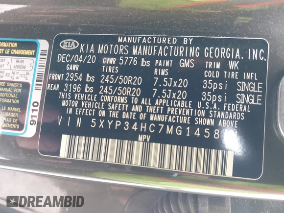 2021 Kia Telluride EX with VIN 5XYP34HC7MG145841, listed as a IAAI auction lot 41736088 with 89,030 mi miles and . Bid and sale history available at DreamBid. Image 9.