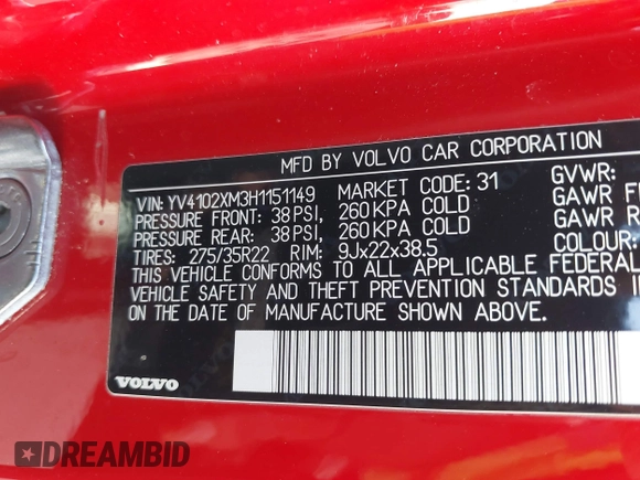 2017 Volvo XC90 with VIN YV4102XM3H1151149, listed as a IAAI auction lot 41991540 with 123,098 mi miles and . Bid and sale history available at DreamBid. Image 9.