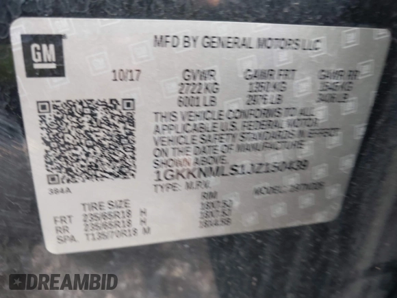 2018 GMC Acadia SLT with VIN 1GKKNMLS1JZ150439, listed as a IAAI auction lot 42508063 with 97,185 mi miles and . Bid and sale history available at DreamBid. Image 9.