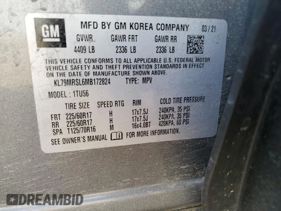 2021 Chevrolet TrailBlazer LT with VIN KL79MRSL6MB172824, listed as a Copart auction lot 49166385 with 79,168 mi miles and Salvage Title. Bid and sale history available at DreamBid. Image 15.