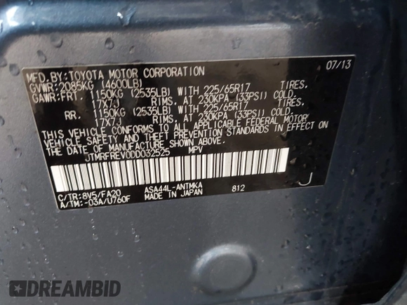 2013 Toyota RAV4 XLE with VIN JTMRFREV0DD032525, listed as a IAAI auction lot 42155458 with 162,482 mi miles and . Bid and sale history available at DreamBid. Image 9.