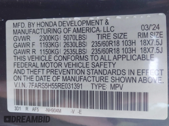 2024 Honda CR-V Sport with VIN 7FARS5H55RE031391, listed as a IAAI auction lot 41662628 with 16,140 mi miles and . Bid and sale history available at DreamBid. Image 9.