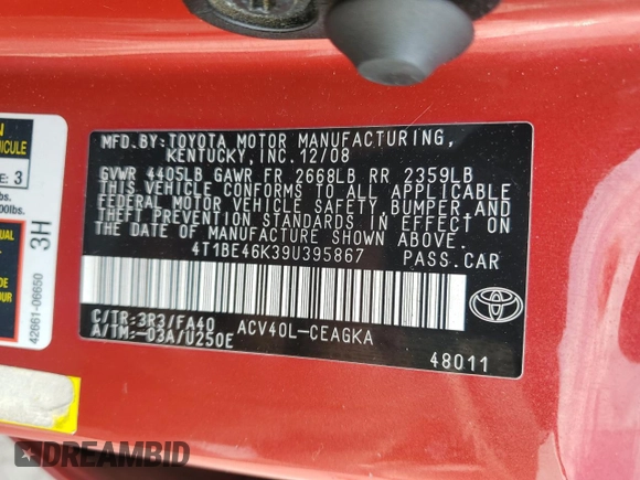 2009 Toyota Camry with VIN 4T1BE46K39U395867, listed as a Copart auction lot 53986155 with 133,338 mi miles and Salvage Title. Bid and sale history available at DreamBid. Image 12.