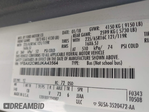 2018 Ford Transit Passenger XL с VIN 1FBAX2CM0JKA43564, выставлен на аукционе IAAI как лот 41643758 с пробегом 54 755 миль миль и . История ставок и продаж доступна на DreamBid. Изображение 9.