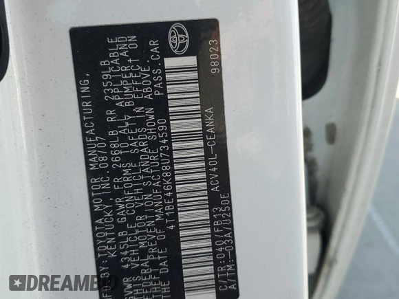 2008 Toyota Camry LE z VIN 4T1BE46K88U734590, wystawiony jako Copart lot #58566685 z przebiegiem 204 814 mil mil oraz Szkoda całkowita • Salvage title. Historia ofert i sprzedaży dostępna na DreamBid. Obrazek 13.