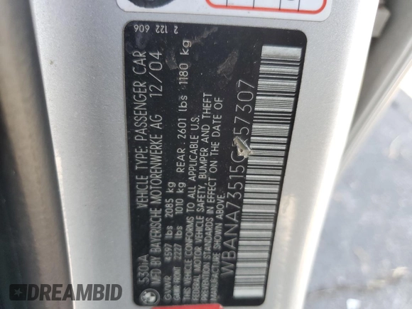 2005 BMW 5 Series 530i with VIN WBANA73515CR57307, listed as a Copart auction lot 52162165 with 197,467 mi miles and Clean Title. Bid and sale history available at DreamBid. Image 12.
