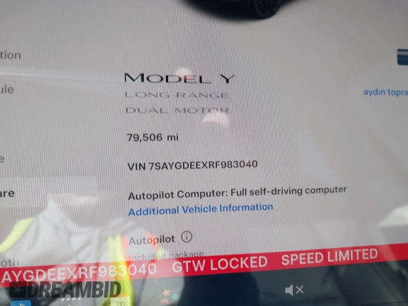 2024 Tesla Model Y Long Range with VIN 7SAYGDEEXRF983040, listed as a IAAI auction lot 41555332 with 79,506 mi miles and . Bid and sale history available at DreamBid. Image 15.