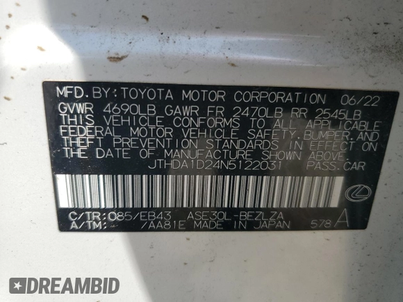 2022 Lexus IS 300 с VIN JTHDA1D24N5122031, выставлен на аукционе Copart как лот 63399475 с пробегом 6 146 миль миль и Списание • Salvage title. История ставок и продаж доступна на DreamBid. Изображение 12.