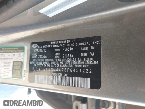 2015 Kia Optima LX with VIN 5XXGM4A76FG451222, listed as a IAAI auction lot 42640308 with 138,136 mi miles and . Bid and sale history available at DreamBid. Image 9.