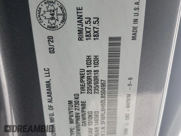 2020 Honda Odyssey EX-L z VIN 5FNRL6H60LB504967, wystawiony jako Copart lot #42021525 z przebiegiem Nie podano mil oraz Szkoda całkowita • Salvage title. Historia ofert i sprzedaży dostępna na DreamBid. Obrazek 14.