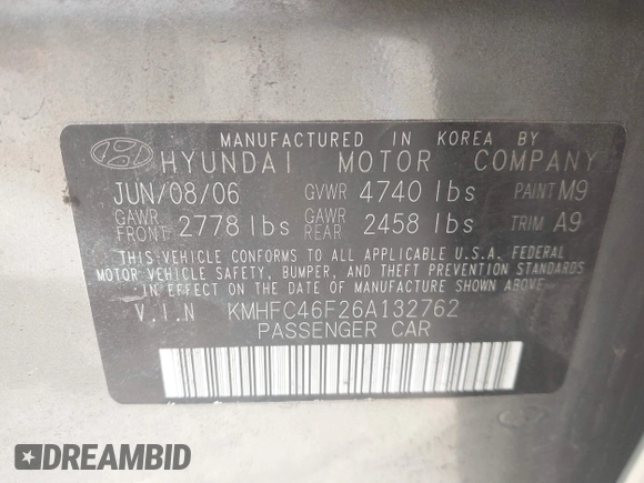 2006 Hyundai Azera SE with VIN KMHFC46F26A132762, listed as a IAAI auction lot 42142152 with 165,673 mi miles and . Bid and sale history available at DreamBid. Image 9.