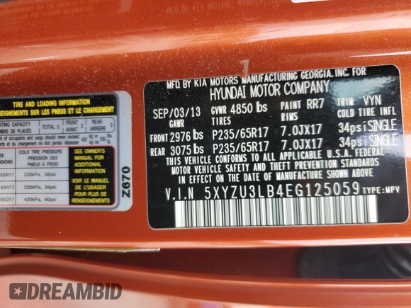 2014 Hyundai Santa Fe with VIN 5XYZU3LB4EG125059, listed as a Copart auction lot 54713465 with 79,601 mi miles and Salvage title. Bid and sale history available at DreamBid. Image 13.