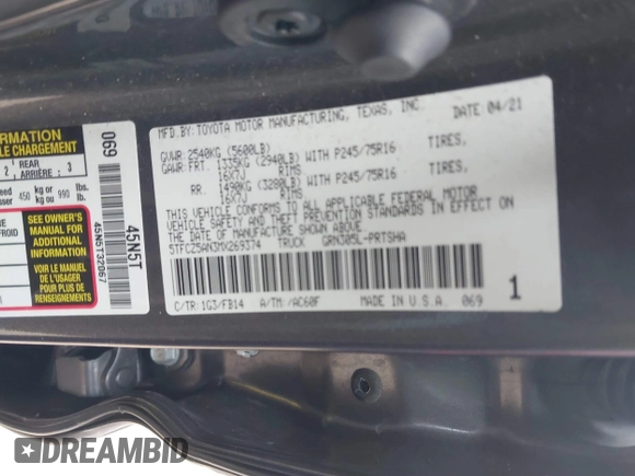 2021 Toyota Tacoma SR z VIN 5TFCZ5AN3MX269374, wystawiony jako IAAI lot #41068356 z przebiegiem 54 358 mil mil oraz . Historia ofert i sprzedaży dostępna na DreamBid. Obrazek 9.