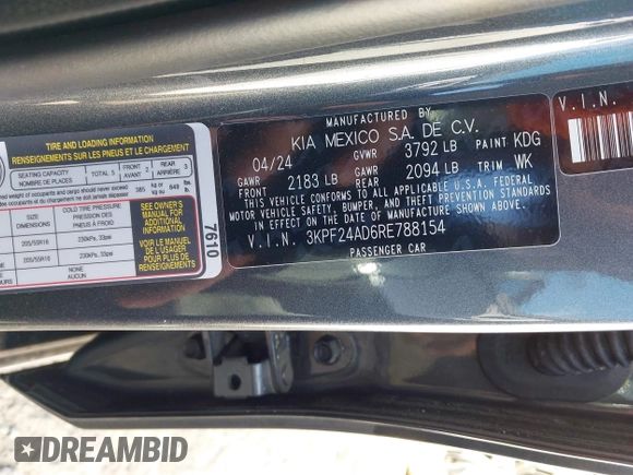 2024 Kia Forte LXS with VIN 3KPF24AD6RE788154, listed as a IAAI auction lot 42033849 with 4,315 mi miles and . Bid and sale history available at DreamBid. Image 9.