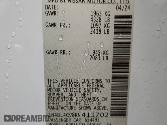 2024 Nissan Altima SR with VIN 1N4BL4CV8RN411702, listed as a Copart auction lot 50154555 with 8,680 mi miles and Salvage Title. Bid and sale history available at carsss.com. Image 13.