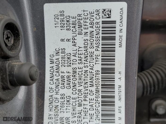 2021 Honda Civic Sedan LX with VIN 2HGFC2F60MH509789, listed as a Copart auction lot 47087065 with 43,105 mi miles and Non Repairable. Bid and sale history available at carsss.com. Image 12.