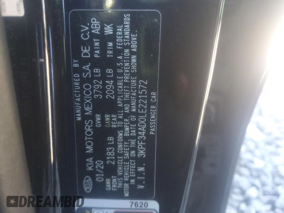 2020 Kia Forte GT-Line with VIN 3KPF34AD0LE221572, listed as a Copart auction lot 46538945 with 73,294 mi miles and Salvage Title. Bid and sale history available at carsss.com. Image 14.