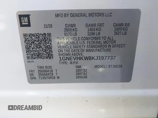 2019 Chevrolet Traverse LT Leather with VIN 1GNEVHKW8KJ197737, listed as a IAAI auction lot 42094562 with 66,831 mi miles. Bid and sale history available at carsss.com. Image 9.