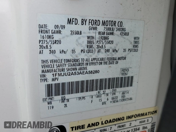 2010 Ford Expedition Limited with VIN 1FMJU2A53AEA58280, listed as a Copart auction lot 71404624 with 181,008 mi miles and Salvage title. Bid and sale history available at DreamBid. Image 13.
