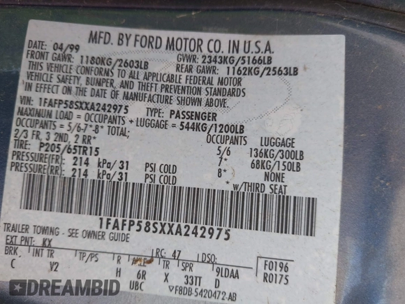 1999 Ford Taurus SE with VIN 1FAFP58SXXA242975, listed as a IAAI auction lot 42253538 with 228,824 mi miles and . Bid and sale history available at DreamBid. Image 9.