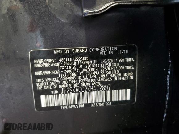 2019 Subaru Forester with VIN JF2SKACC2KH472897, listed as a Copart auction lot 43946905 with 147,731 mi miles and Non Repairable. Bid and sale history available at carsss.com. Image 14.