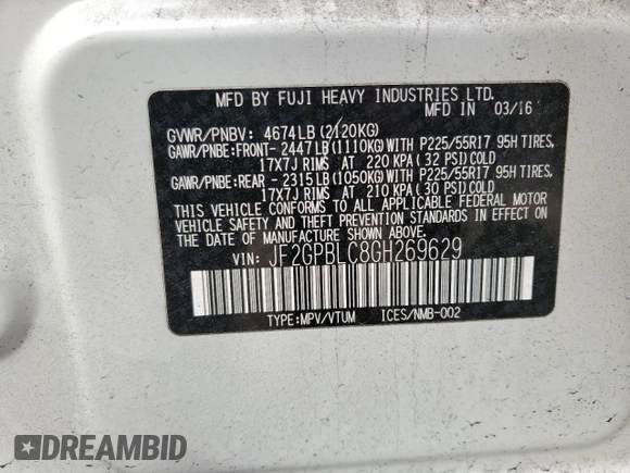 2016 Subaru Crosstrek Touring with VIN JF2GPBLC8GH269629, listed as a Copart auction lot 49457185 with 93,922 mi miles and Salvage title. Bid and sale history available at DreamBid. Image 14.