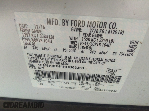 2017 Ford Explorer with VIN 1FM5K8BH4HGB63363, listed as a IAAI auction lot 35157602 with Not provided miles and . Bid and sale history available at DreamBid. Image 9.