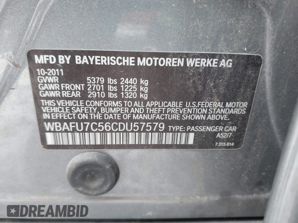 2012 BMW 5 Series 535i xDrive with VIN WBAFU7C56CDU57579, listed as a IAAI auction lot 41590047 with 108,748 mi miles and . Bid and sale history available at carsss.com. Image 9.