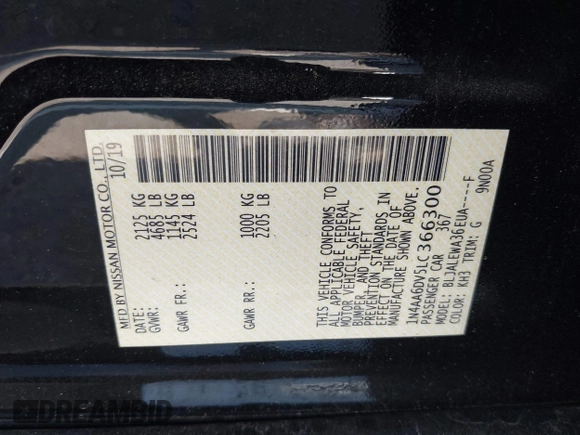 2020 Nissan Maxima SL with VIN 1N4AA6DV5LC366300, listed as a IAAI auction lot 42220939 with 16,858 mi miles and . Bid and sale history available at DreamBid. Image 9.