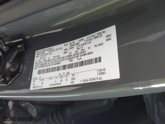 2018 Ford F-150 XL with VIN 1FTEW1EG3JFD43867, listed as a IAAI auction lot 41724463 with 1 mi miles. Bid and sale history available at carsss.com. Image 9.