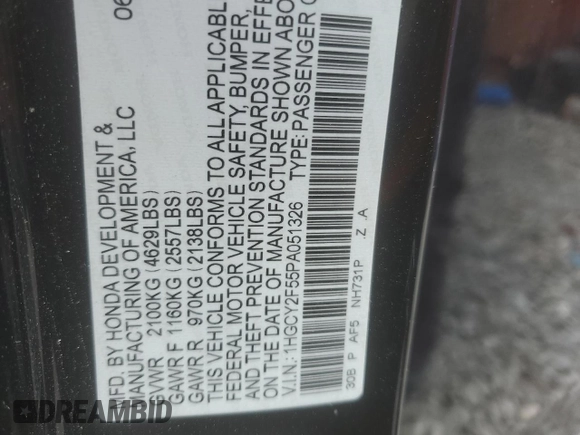 2023 Honda Accord Sport with VIN 1HGCY2F55PA051326, listed as a Copart auction lot 48873445 with 108,105 mi miles and Salvage title. Bid and sale history available at DreamBid. Image 12.