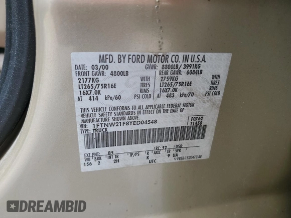 2000 Ford F-250 XL with VIN 1FTNW21F8YED04548, listed as a Copart auction lot 53504655 with 237,741 mi miles and Salvage title. Bid and sale history available at DreamBid. Image 12.
