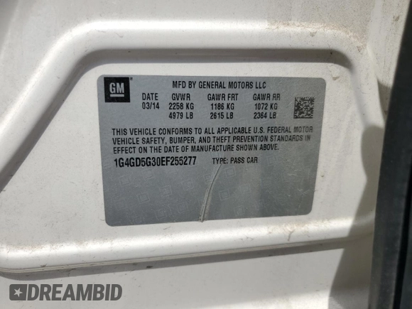 2014 Buick LaCrosse Premium I with VIN 1G4GD5G30EF255277, listed as a Copart auction lot 57251345 with 134,500 mi miles and Salvage title. Bid and sale history available at DreamBid. Image 13.