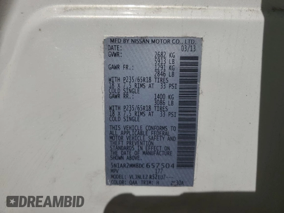 2013 Nissan Pathfinder SV with VIN 5N1AR2MM8DC657504, listed as a Copart auction lot 86372854 with 126,646 mi miles and Salvage Title. Bid and sale history available at carsss.com. Image 13.