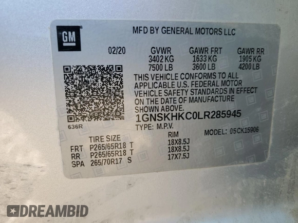 2020 Chevrolet Suburban LT z VIN 1GNSKHKC0LR285945, wystawiony jako Copart lot #56207225 z przebiegiem 208 281 mil mil oraz Czysty tytuł • Clean title. Historia ofert i sprzedaży dostępna na DreamBid. Obrazek 13.