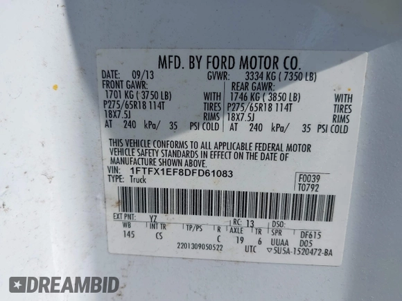 2013 Ford F-150 XL with VIN 1FTFX1EF8DFD61083, listed as a IAAI auction lot 42066005 with 203,918 mi miles. Bid and sale history available at carsss.com. Image 9.
