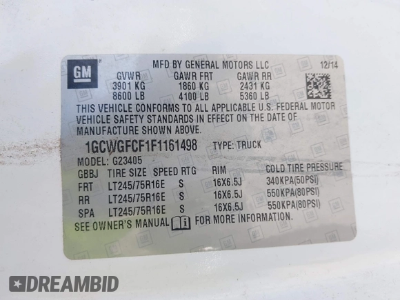2015 Chevrolet Express Cargo with VIN 1GCWGFCF1F1161498, listed as a IAAI auction lot 41878871 with 157,365 mi miles. Bid and sale history available at carsss.com. Image 9.