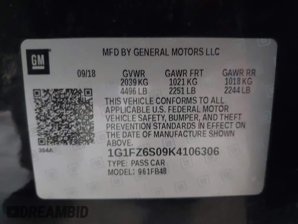 2019 Chevrolet Bolt EV Premier with VIN 1G1FZ6S09K4106306, listed as a IAAI auction lot 41947642 with 90,952 mi miles and . Bid and sale history available at DreamBid. Image 9.